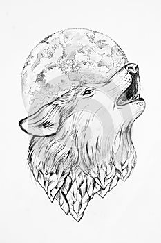 Sketch of a wolf howling at the moon white background.