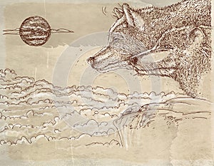 Sketch of a wolf with the planet in the background.. Vector illustration. photo