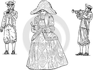 Sketch of woman in carnival costume and musicians in vintage suits playing trumpets