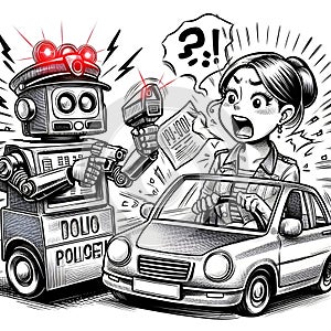 sketch of a woman driving a car arguing with a robot