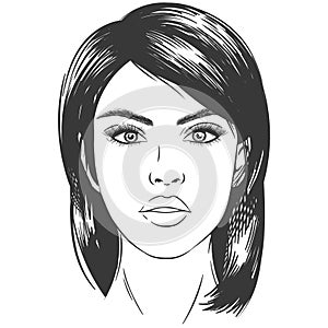 Sketch woman face. Sexy beautiful brunette girl portrait with eyes, young female adored head monochrome, vector