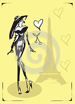 Sketch of woman in fashion suit in Paris