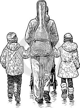Sketch of woman guitarist with her kids walking along street