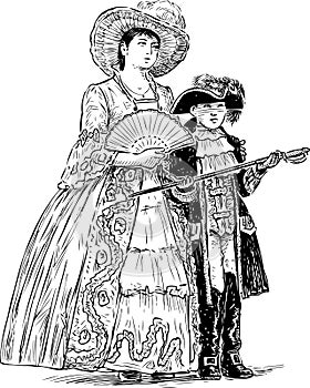 Sketch of a woman and her son in the historical costumes