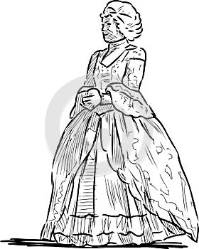 Sketch of woman in historical costume of noble lady 18th century