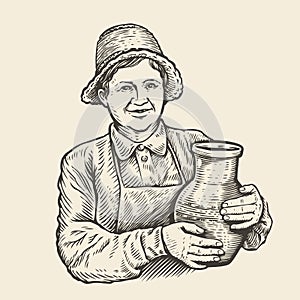 Sketch of woman with jug. Milkmaid vector hand drawn illustration photo