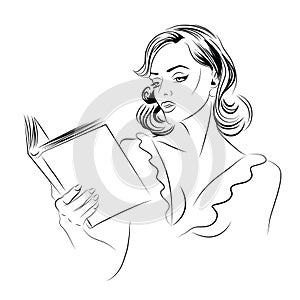 Sketch of woman reading book, Hand drawn illustration.