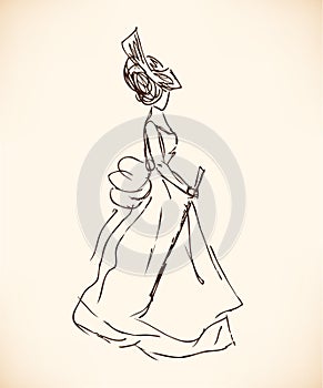 Sketch of woman in retro clothes. Lady in vintage dress. Hand drawn modern woman silhouette