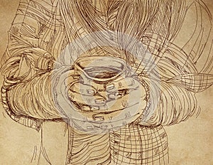 Sketch of a woman's hands holding a cup of coffee photo