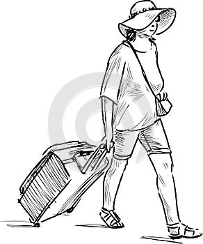 Sketch of woman vacationer in hat walking with her suitcase photo