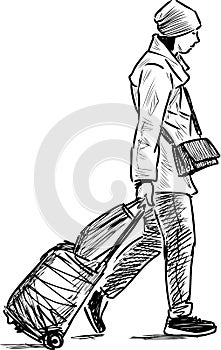 Sketch of woman vacationer walking with her baggage