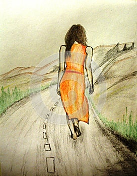 Sketch of a woman walking alone