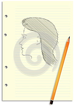 Sketch of womens head at lined paper feint