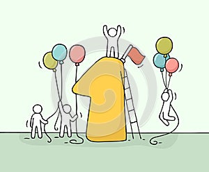 Sketch of working little people with number one, baloons.