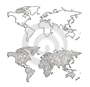 Sketch world map.Vector hand drawn illustration. Earth planet with continents,islands and oceans.