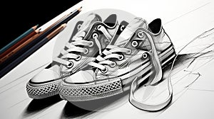 Sketch worn, cracked rubber sneakers with untied laces on a white background. Pencils are lying nearby. Black and white.
