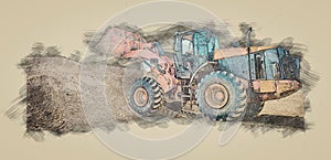 Sketch of yellow excavator on a construction site. wheel loader at sandpit during earthmoving works