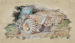 Sketch of yellow excavator on a construction site. wheel loader at sandpit during earthmoving works