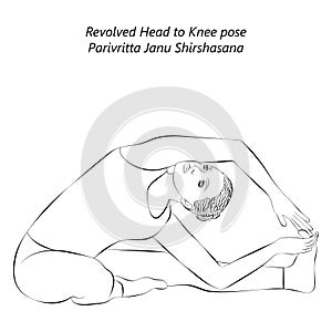Sketch of yoga pose Parivritta Janu Shirshasana.