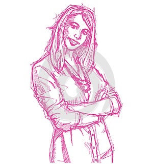 Sketch young business woman with crossed hands