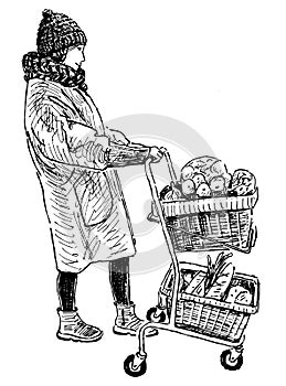 Sketch of young city woman with full grocery cart in supermarket