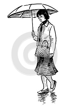 Sketch of young city woman under umbrella walking alone outdoors, hand drawn vector illustration isolated on white