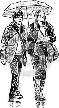 Sketch of a young couple of townspeople walking under an umbrella