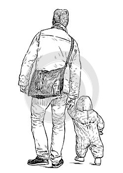 Sketch of a young father with his little kid going for a walk