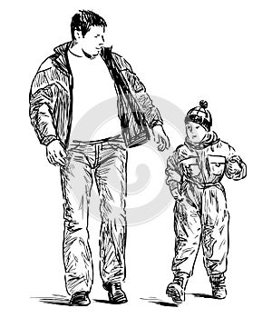 Sketch of young father and his son walking for a stroll together