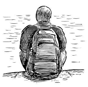 Sketch of young man with backpack sitting on river embankment for resting