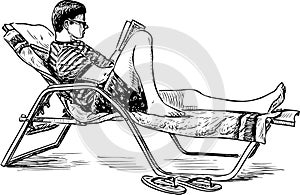 Sketch of young man reading book on sunbed on beach