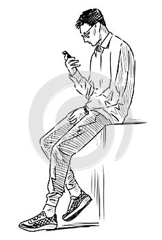 Sketch of young man sitting and looking at his smartphone