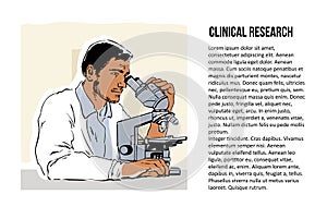 Sketch of young scientist looking through microscope. Place for text with title Clinical Research. Vector.