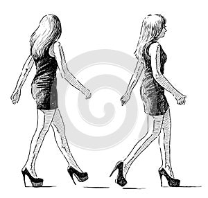 Sketch of young slim city woman on high heels, short dress and long blonde hair walking outdoors on summer day