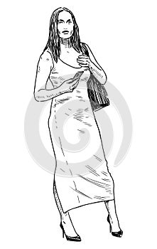 Sketch of young slim city woman with smartphone and handbag standing outdoors on summer day