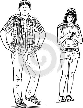 Sketch of young townspeople standing in a wait