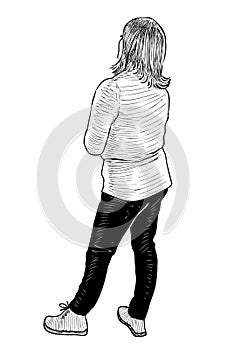 Sketch of young townswoman standing and thinking photo