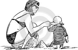 Sketch of young woman with her baby sunbathing on beach