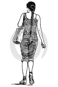 Sketch of a young woman with a long plait going down the street