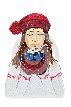 A sketch of a young woman in a sweater and warm hat holding a mug of hot chocolate in her hands
