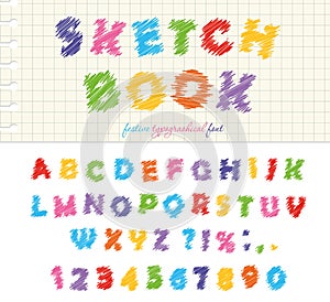 Sketchbook colorful font design. ABC scribble scratchy letters and numbers isolated