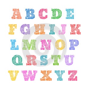 Sketched alphabet, stylized letters, hatched font