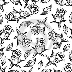 Sketched rose and leaves seamess pattern
