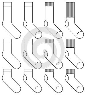 Sketches of clothing and accessories. Varieties of socks. Socks for adults and children