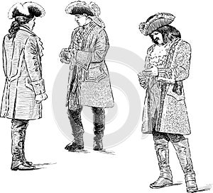 Sketches of gentelmen in vintage costumes of 18th century