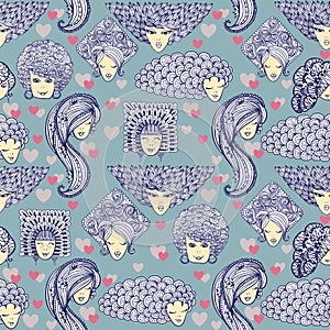 Sketches of girls with different hairstyles. Seamless pattern