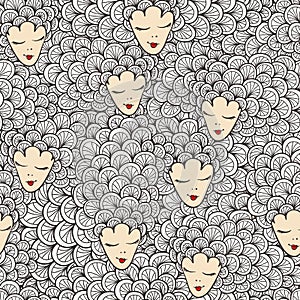 Sketches of girls with different hairstyles. Seamless pattern