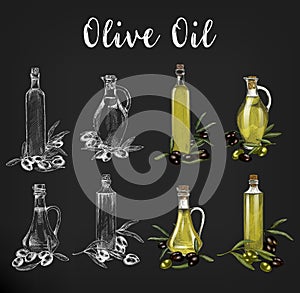 Sketches of glassware olive oil bottles