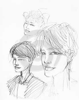 Sketches of heads of boy with parting of hair