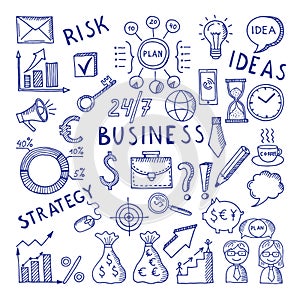 Sketches illustrations at business theme. Creative doodle vector icon set